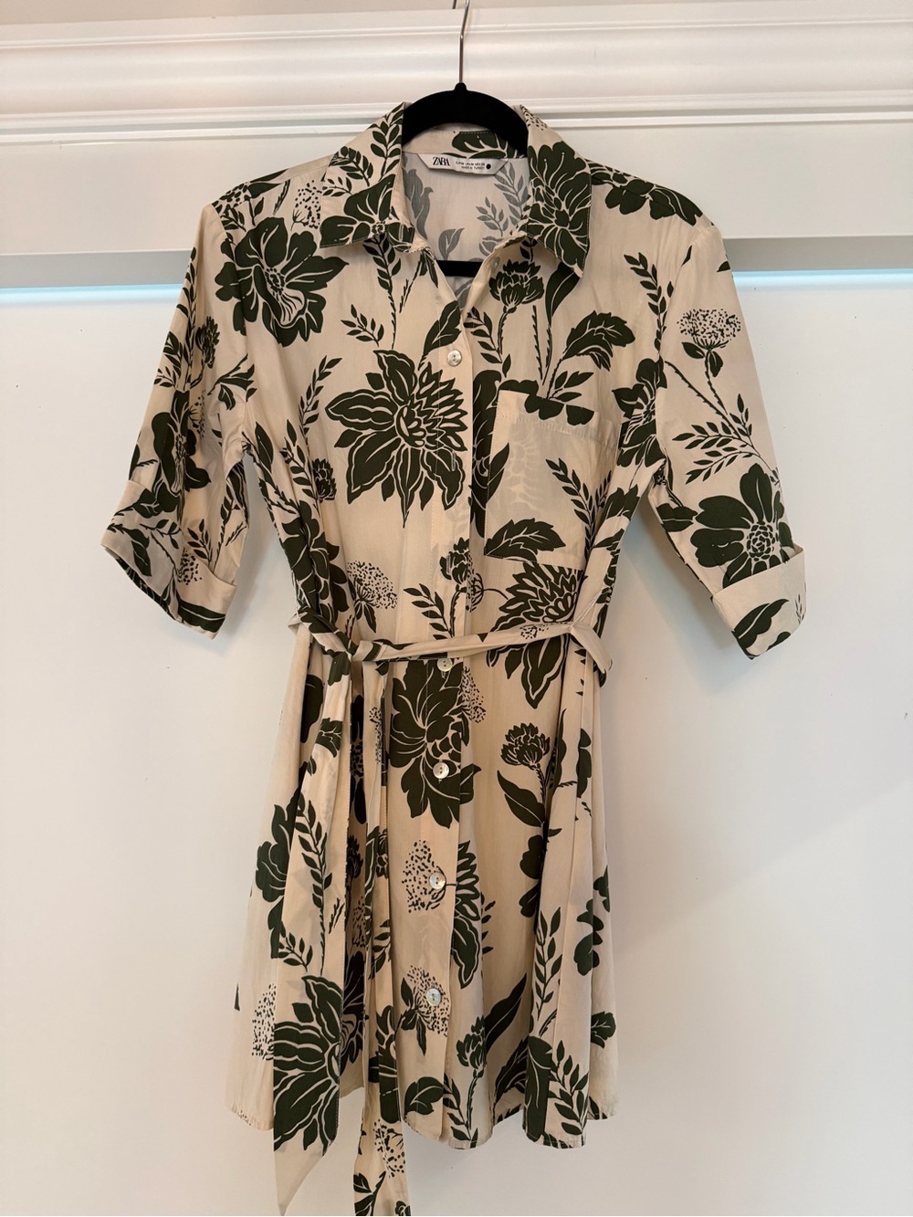 Zara Beige Mini Dress with Dark Green Floral Print